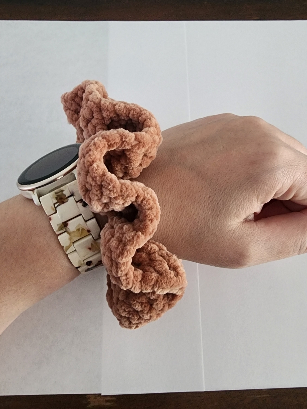Handmade Crochet Chenille Scrunchie Caramel Brown Oversized Hair Accessory